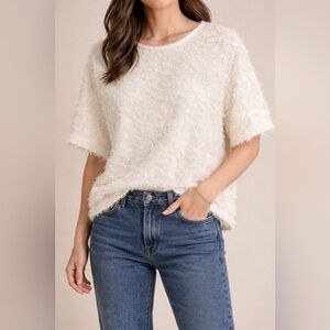 SHEIN Size Large Short Sleeve Cream Blouse with Intricate Lace Detail